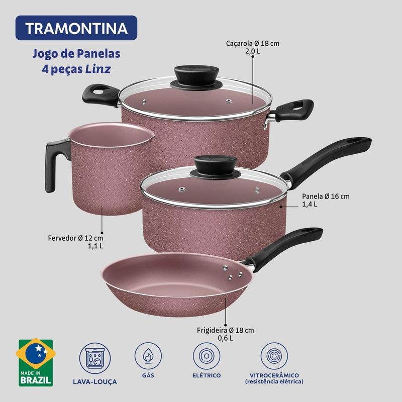 jogo de panelas tramontina linz alumínio antiaderente 4 peças rosa (mp)
