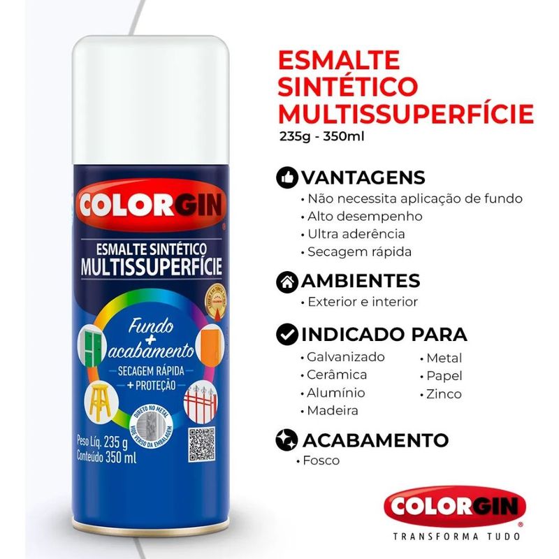 Tinta Spray Esmalte Sintético 350ml Branco Fosco Colorgin