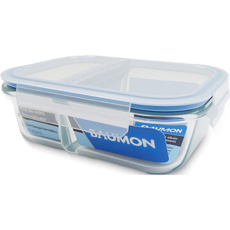 pote hermético baumon retangular 630ml com duas divisórias e tampa r170-2full azul