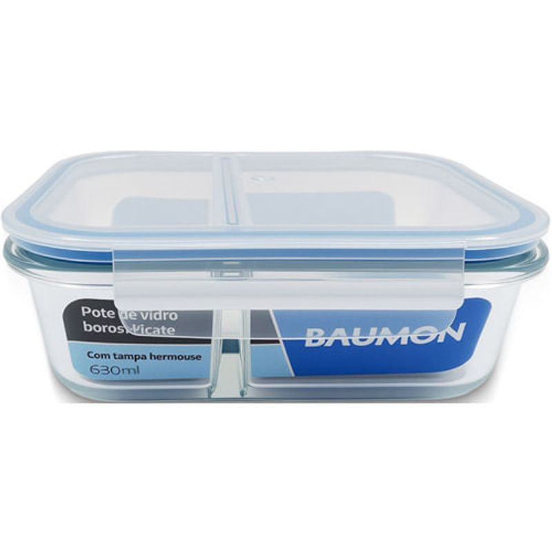 pote hermético baumon retangular 630ml com duas divisórias e tampa r170-2full azul