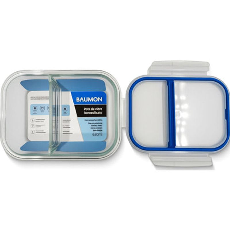 pote hermético baumon retangular 630ml com duas divisórias e tampa r170-2full azul