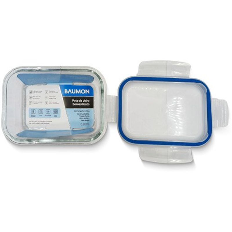 pote hermético retangular 630ml baumon com tampa pp