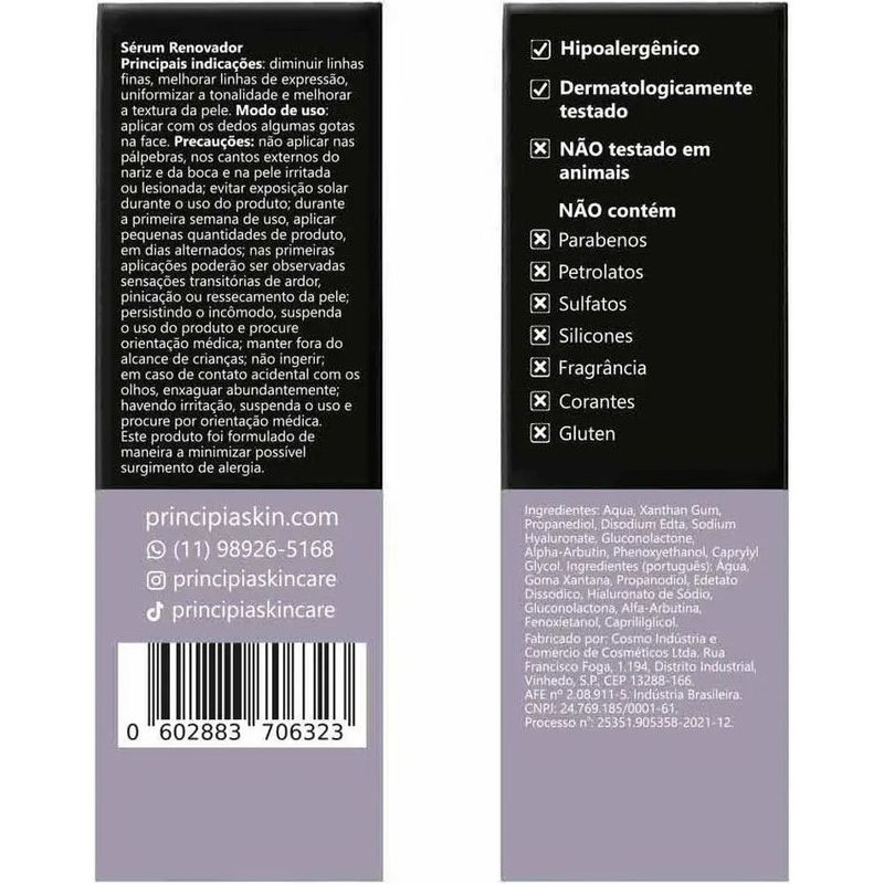 sérum facial principia 2% alfa-arbutin + 10% gluconolactone 30ml