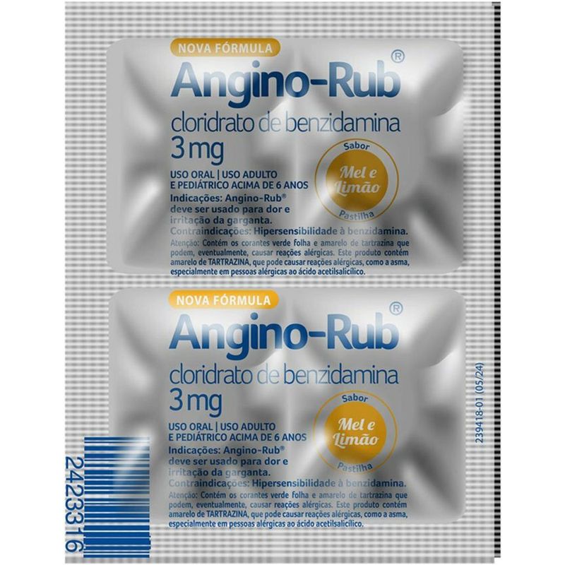 angino-rub cloridrato de benzidamina 3mg 4 pastilhas sabor mel e limão eurofarma