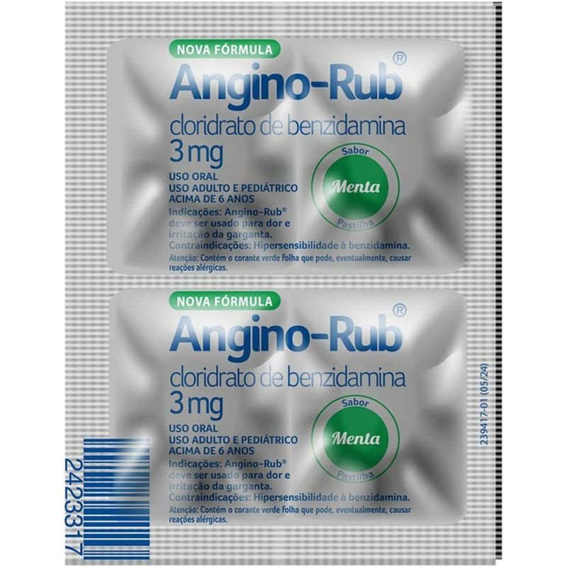 angino-rub cloridrato de benzidamina 3mg 4 pastilhas sabor menta eurofarma