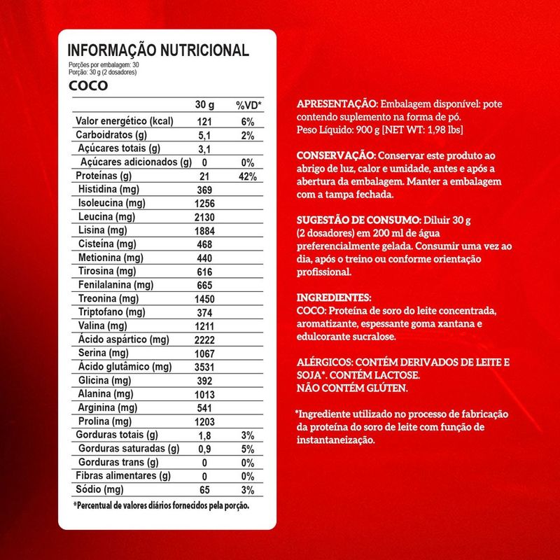 whey 100% pure integralmédica sabor coco 900g
