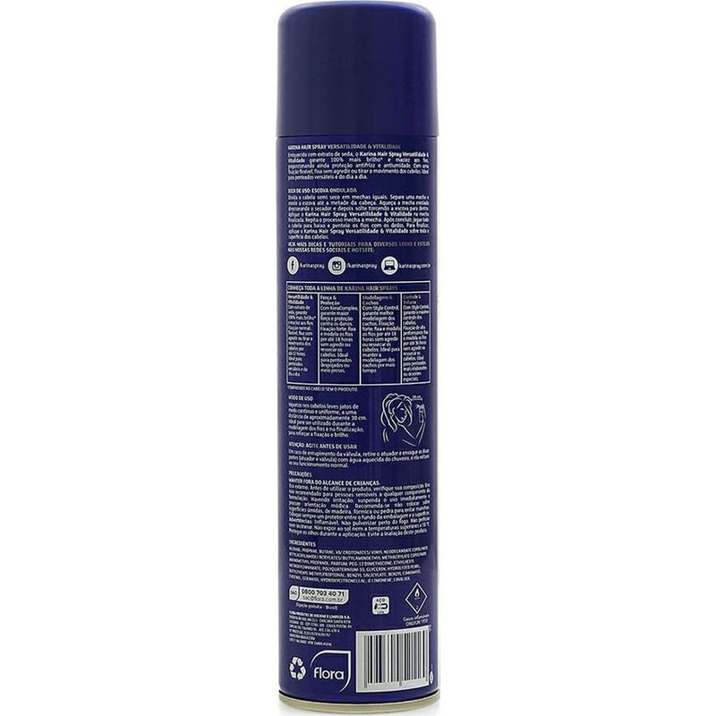 finalizador spray karina versatilidade e vitalidade fixação normal 400ml