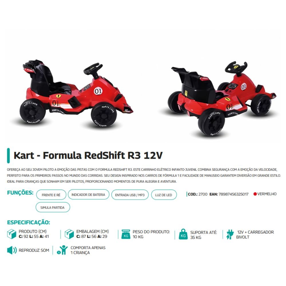 Carro Elétrico Infantil Kart Fórmula Redshift R3 12V