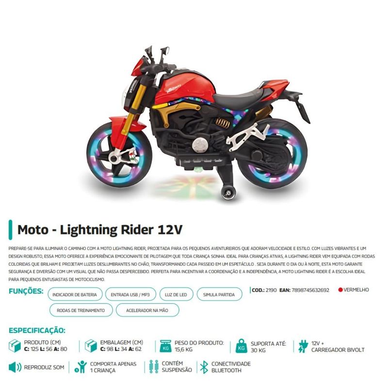 moto elétrica infantil bang toys lightning rider 12v vermelho (mp)