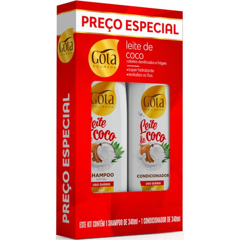 kit shampoo 340ml e condicionador 340ml gota dourada uso diario leite de coco