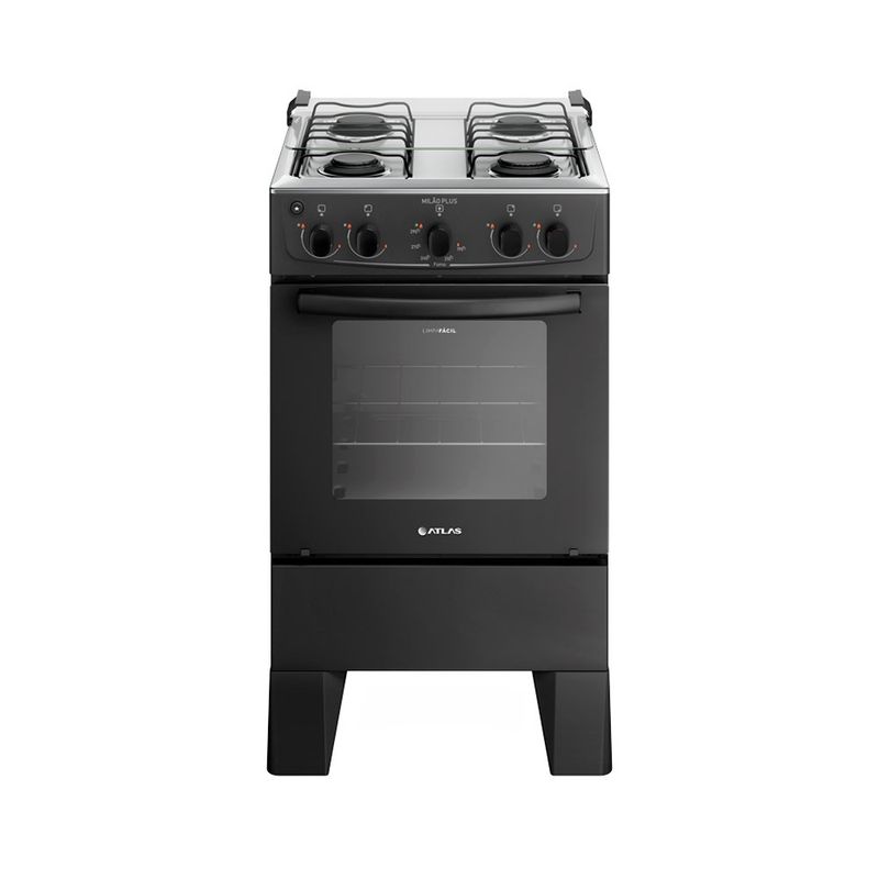 fogão 4 bocas atlas milão plus com mesa de inox bivolt preto 300001771