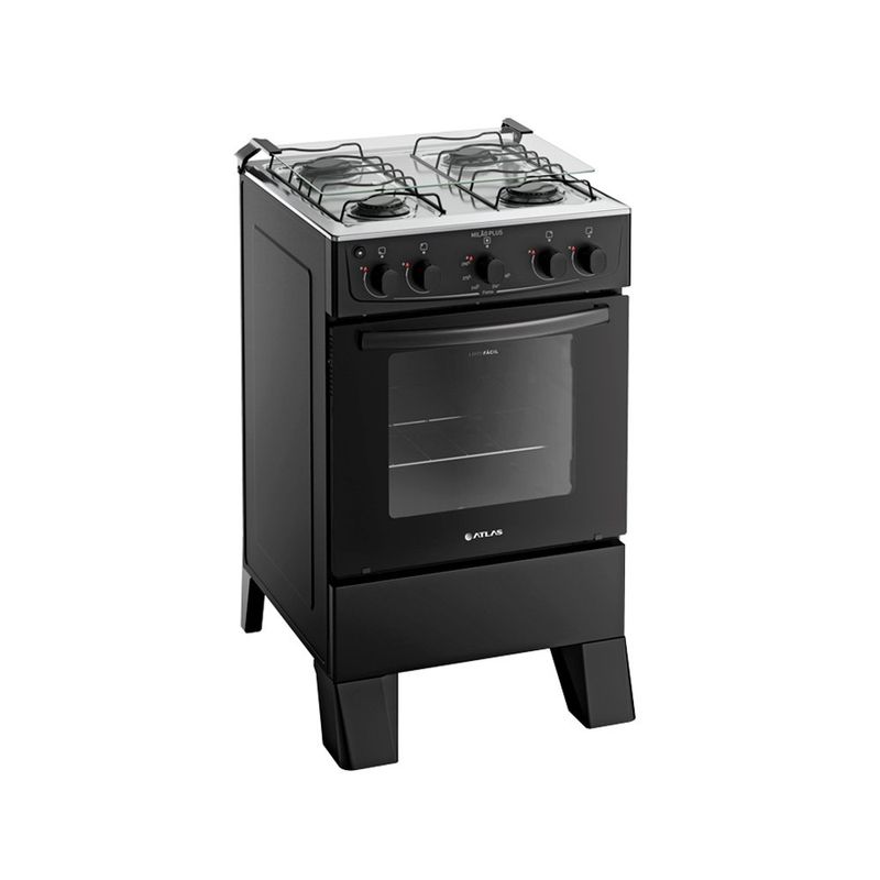 fogão 4 bocas atlas milão plus com mesa de inox bivolt preto 300001771
