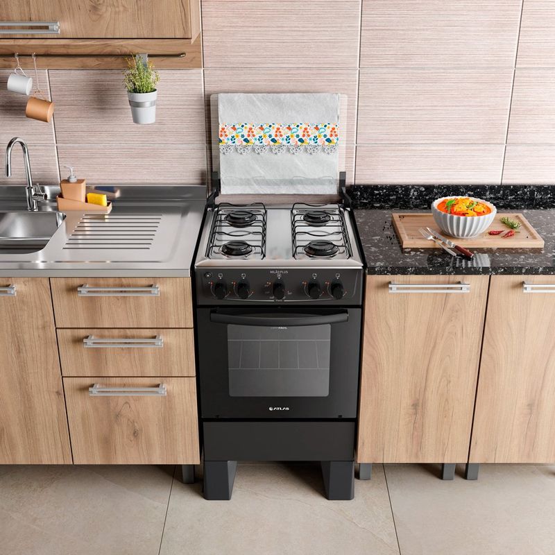 fogão 4 bocas atlas milão plus com mesa de inox bivolt preto 300001771