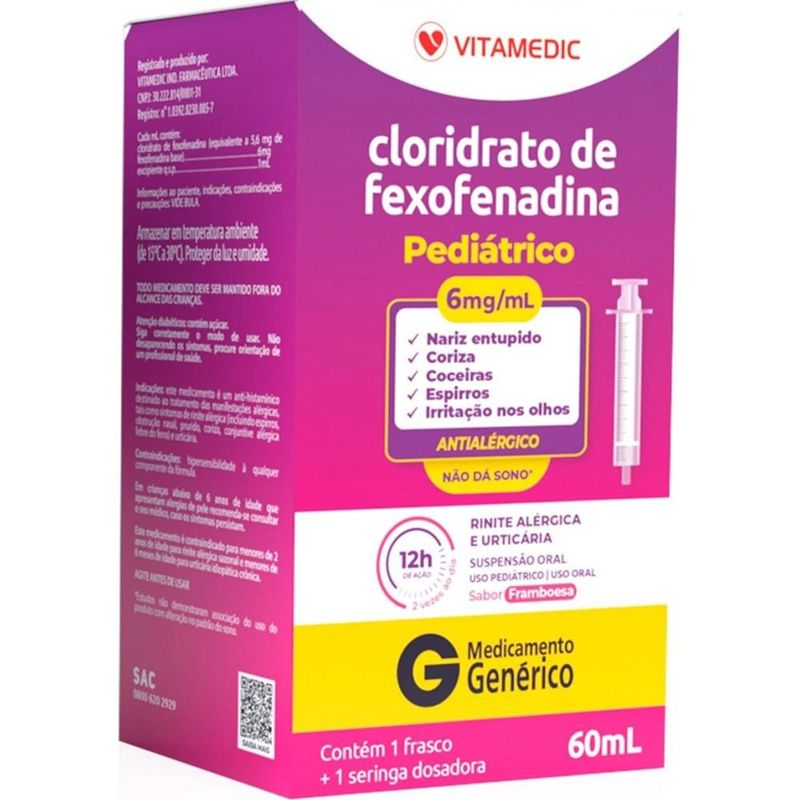 cloridrato de fexofenadina pediátrico 6mg/ml 60ml suspensão oral sabor framboesa vitamedic