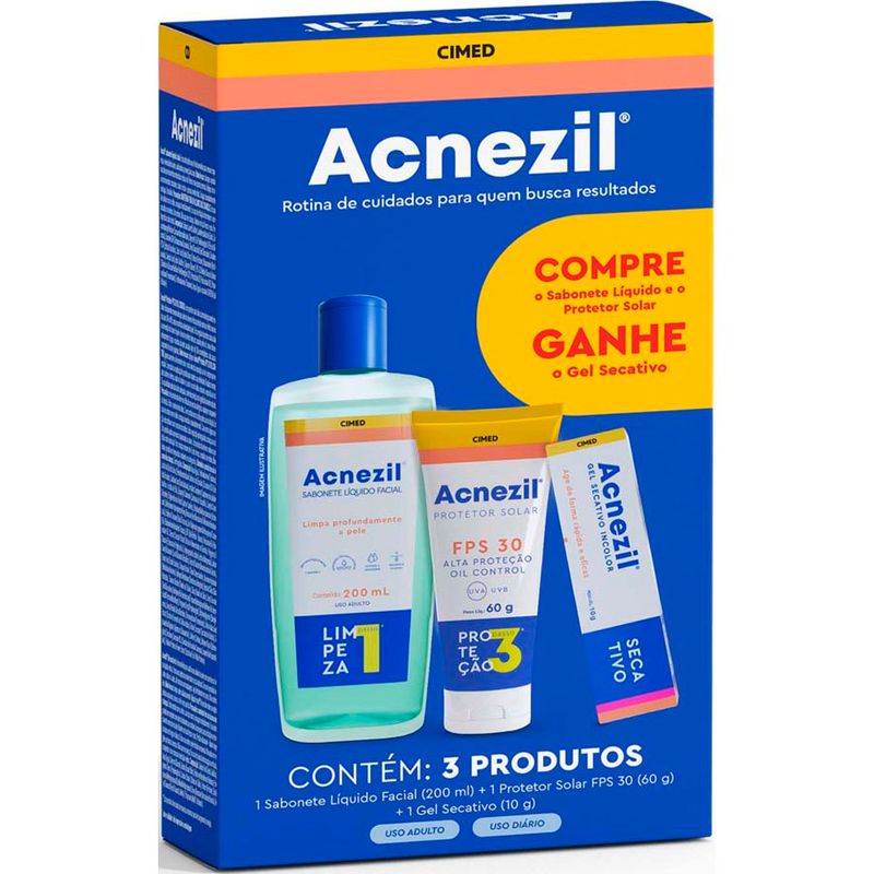 kit sabanonete líquido facial 200ml + protetor solar fps30 60g + gel secativo 10g acnezil
