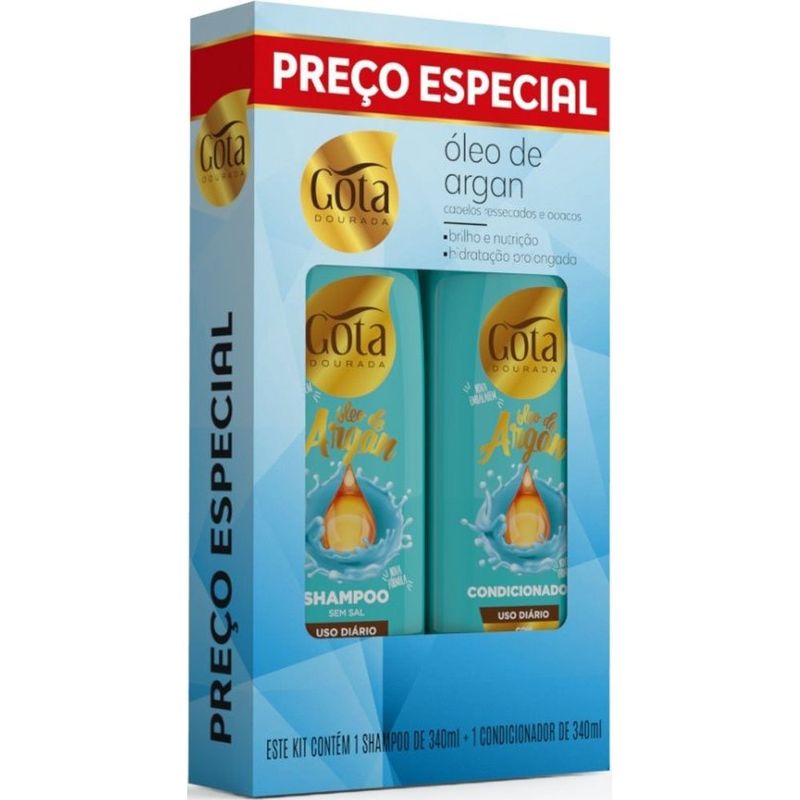 kit shampoo 340ml e condicionador 340ml gota dourada oleo de argan