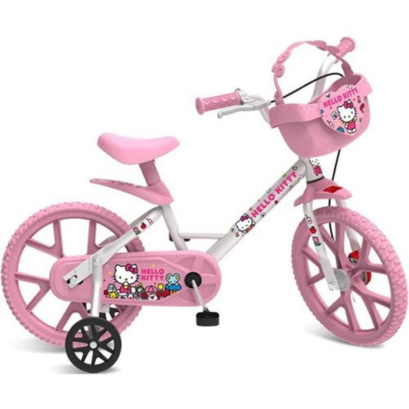 bicicleta aro 14 hello kitty bandeirante branco e rosa