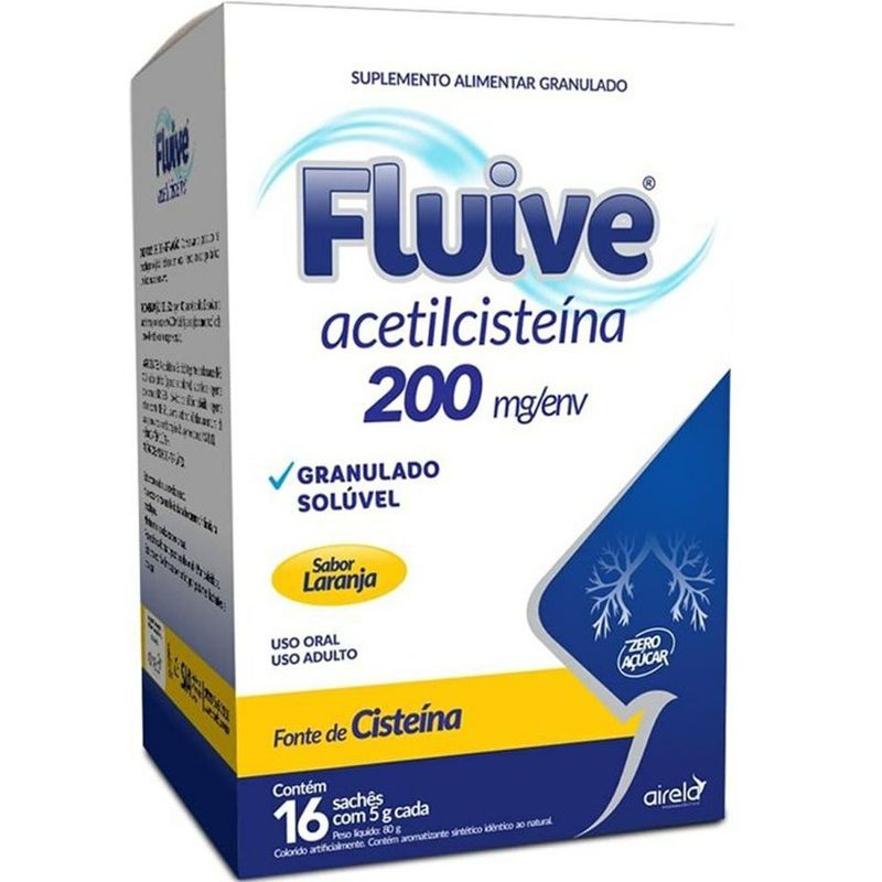 fluive acetilcisteína 200mg 16 sachês de 5g sabor laranja airela