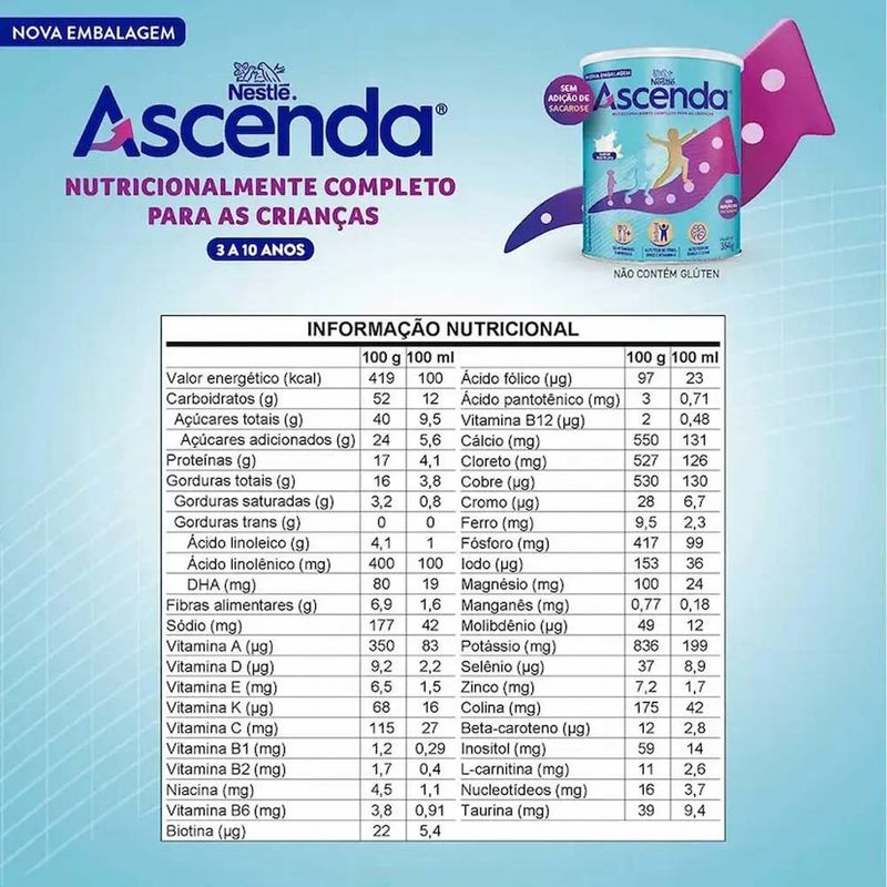 fórmula infantil ascenda nestlé baunilha 3 a 10 anos 364g