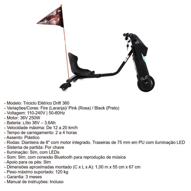 triciclo elétrico bel fix drift com led 36v/250w preto 942807 (mp)