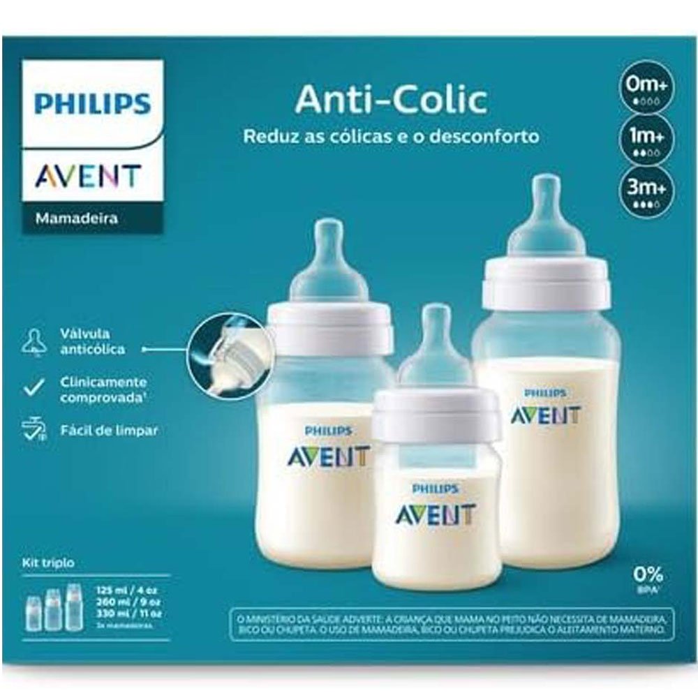 Kit Mamadeira Anti-Colic Philips Avent Transparente 125ml + 260ml + 330ml