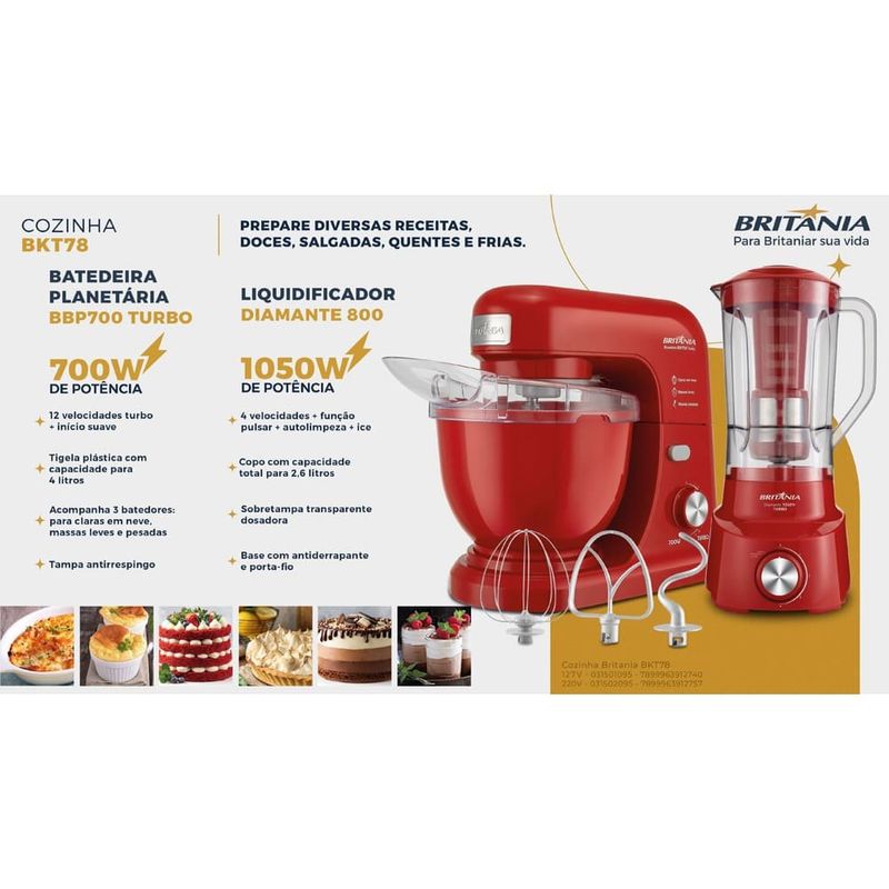 kit cozinha 2 em 1 britânia 1050w vermelho bkt78