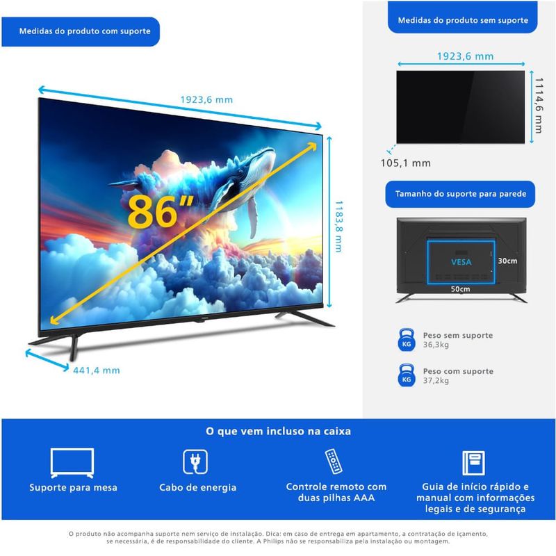 smart tv philips 86 polegadas 4k google tv 86pug7019/78