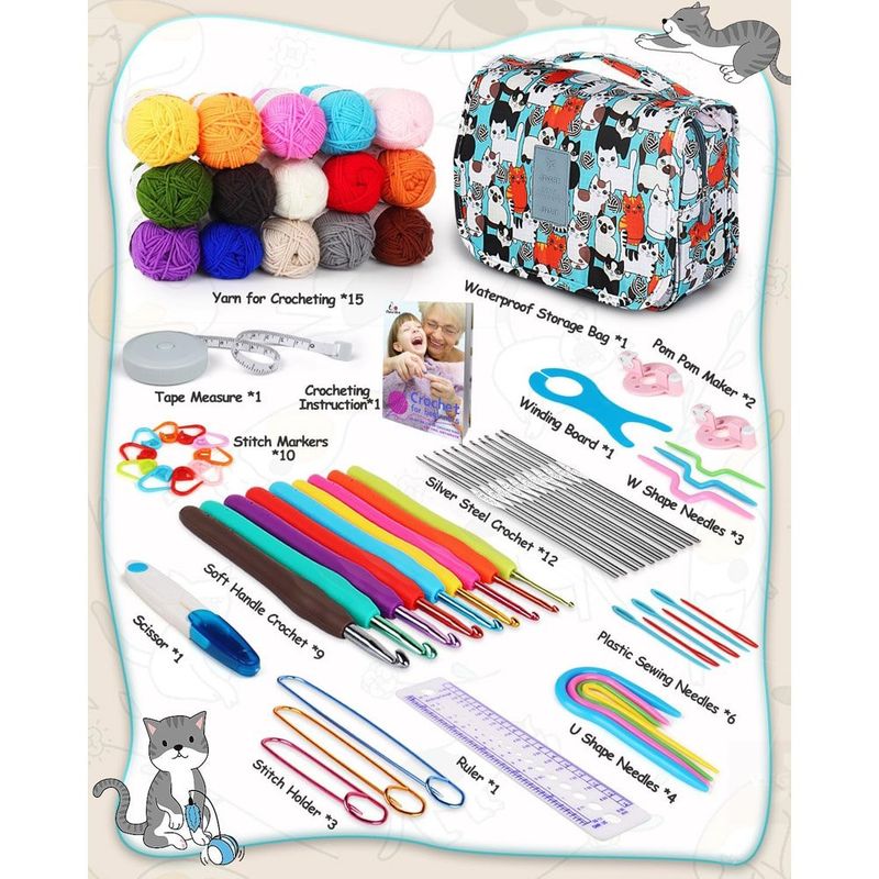 kit crochê aeelike 69 peças gato azul colorido a-mbi