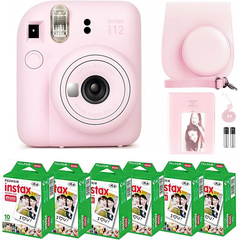 câmera fujifilm instax mini 12 com 60 folhas com álbum de fotos e estojo de transporte rosa a-mbi