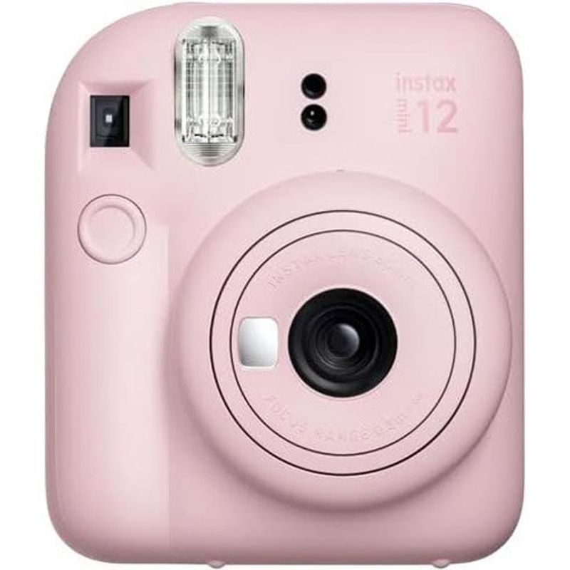 câmera fujifilm instax mini 12 com 40 folhas, pano de microfiba para limpeza e cordão de segurança rosa a-mbi