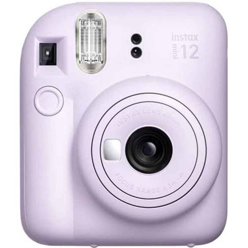 câmera fujifilm instax mini 12 com 40 folhas, pano de microfiba para limpeza e cordão de segurança lilás e roxo a-mbi