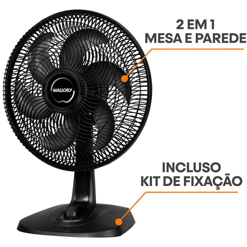 ventilador de mesa e parede mallory 40cm turbo fresh preto