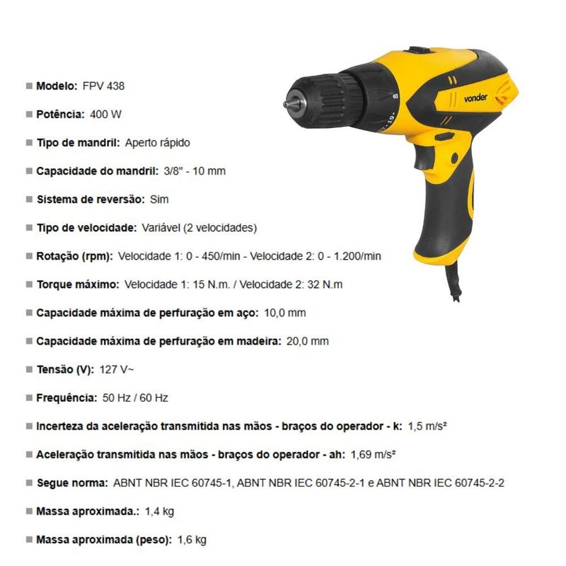 furadeira e parafusadeira vonder 3/8" 400w 127v pfv438 (mp)