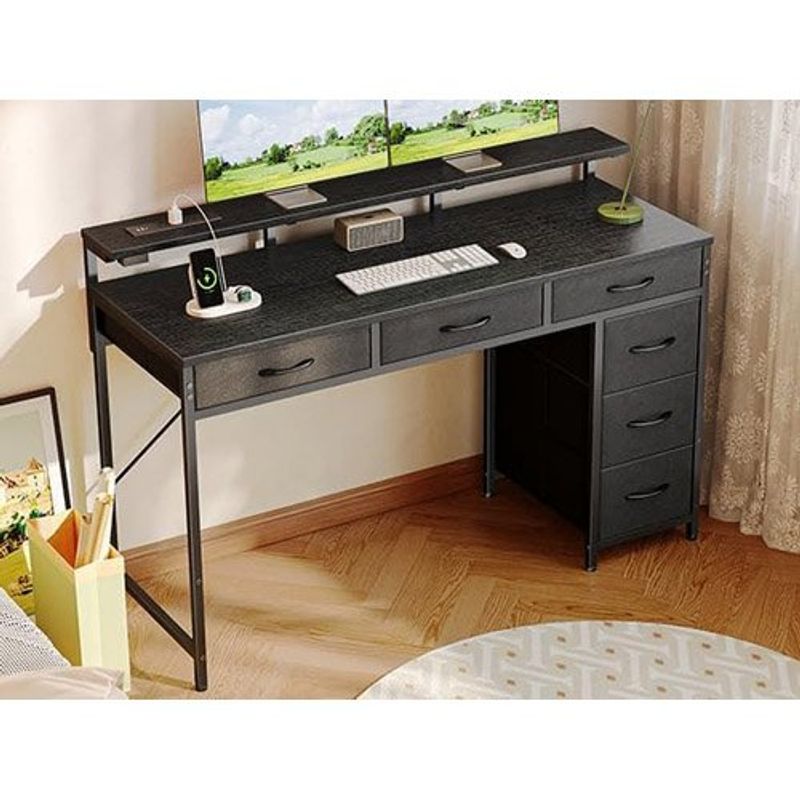 mesa de escritório huger 6 gavetas led preto a-mbi