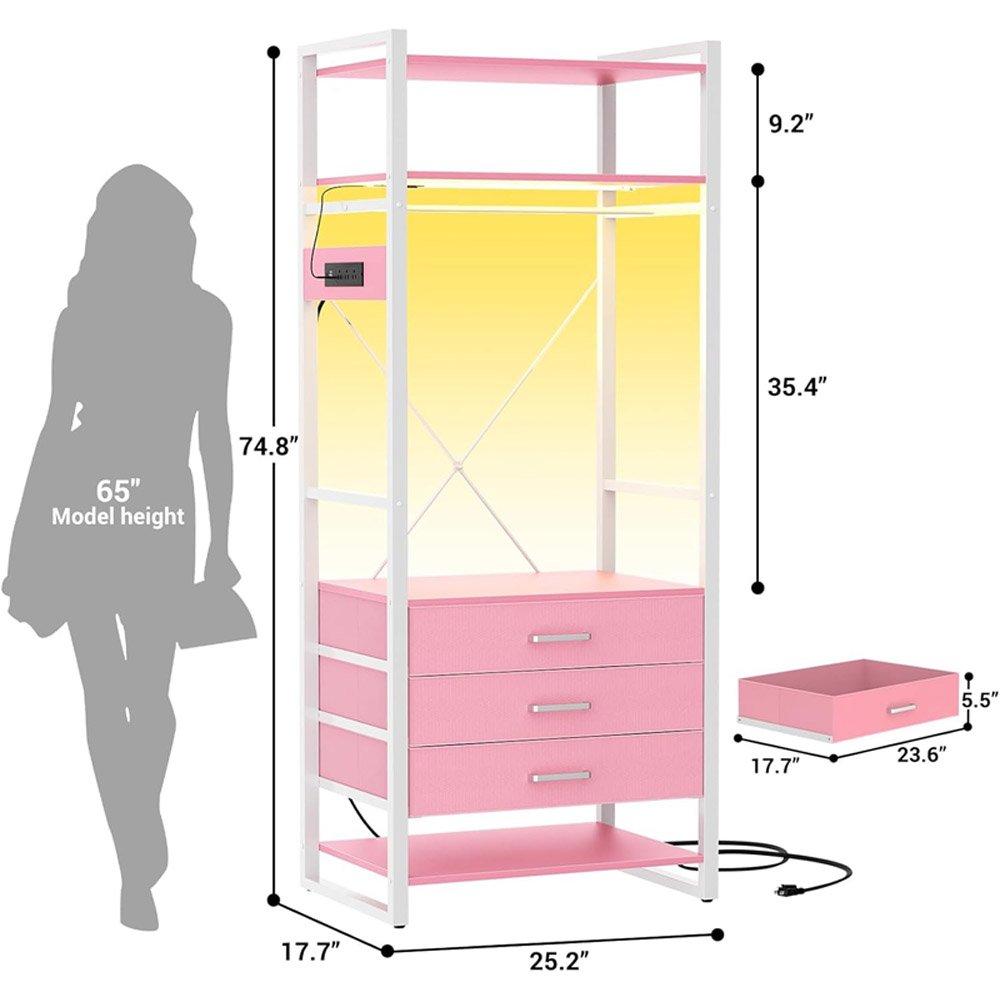 Kleiner Kleiderständer Mit Schubladen & LED – 190 Cm, Rosa, Mit USB-Station & Schuhregal
