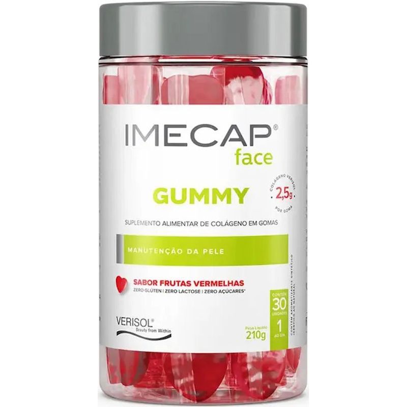 imecap face gummy 30 cápsulas suplemento alimentar colágeno sabor frutas vermelhas fqm
