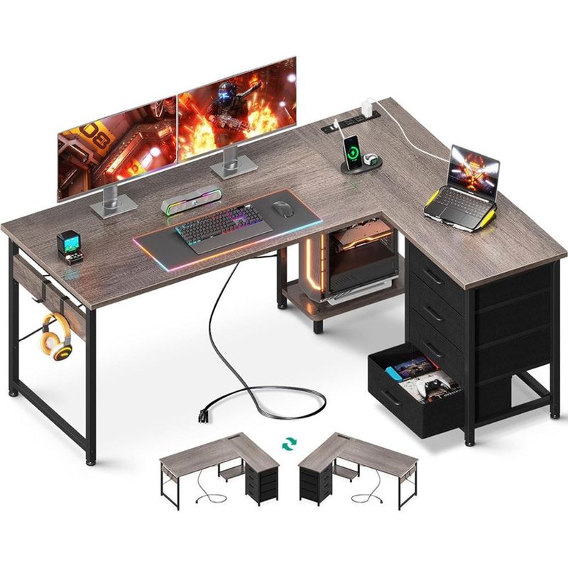 mesa gamer em formato de l com 4 gavetas com carregamento usb aodk cinza a-mbi
