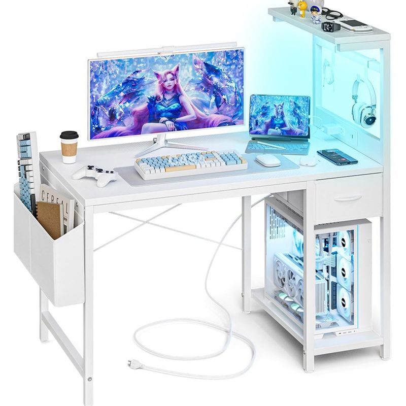 mesa gamer com tomada e luz led de fibra de carbono grandder branco a-mbi