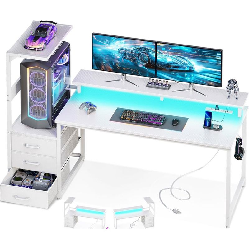 mesa gamer com portas de carregamento usb e led aodk branco a-mbi