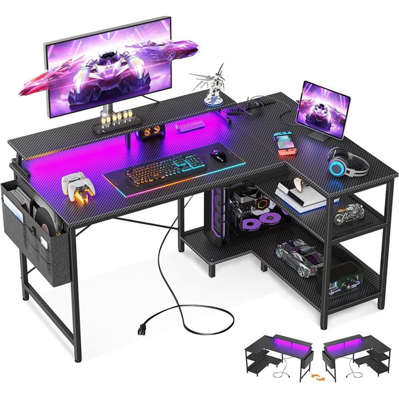 mesa gamer com tomadas usb e luzes led em formato de l reversível odk preto a-mbi