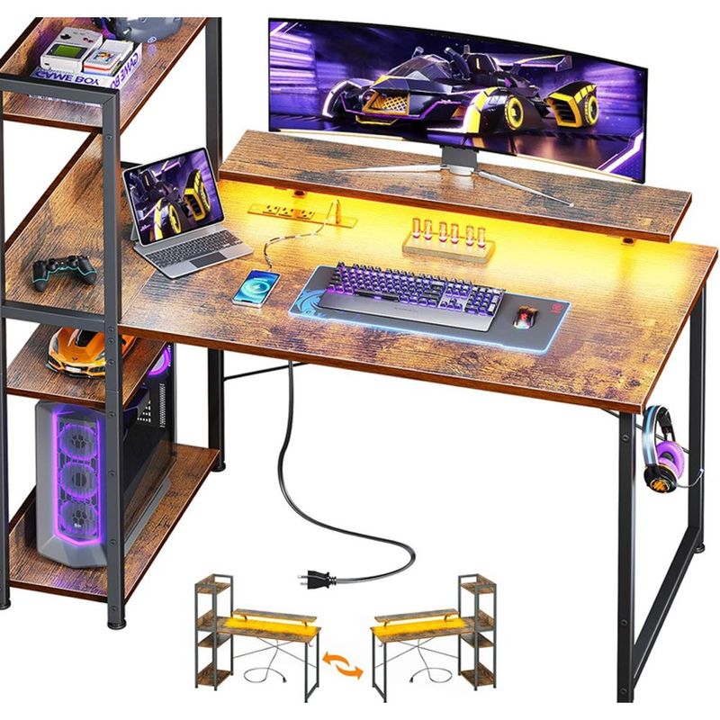 mesa gamer com tomadas usb e luzes led reversível odk marrom a-mbi