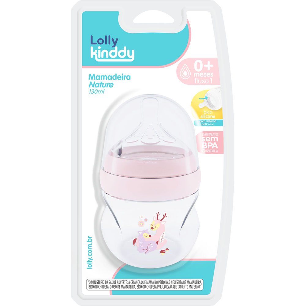 Encontraproduto.com.br - Mamadeira Lolly Kinddy Nature 0+ Rosa 130ml
