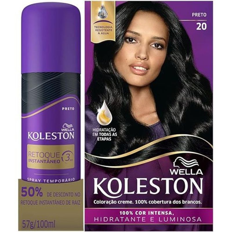 kit koleston tintura para cabelo preto 20 e retoque instantâneo preto 100ml