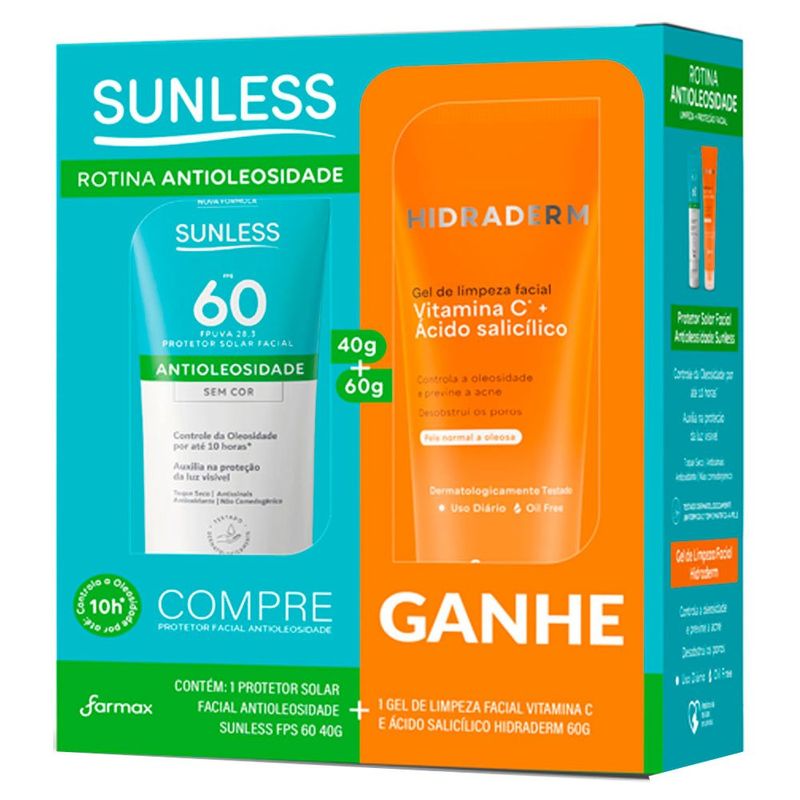 kit protetor solar antioleosidade fps60 40g + gel de limpeza hidraderm 60g