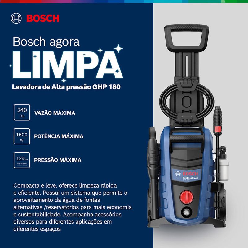 lavadora de alta pressão 1800 psi 1500w 127v ghp180 bosch