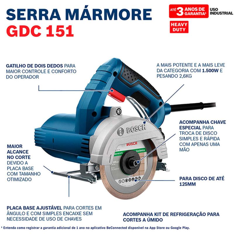 serra mármore bosch gdc 151 titan 1500w 127v com disco, kit e maleta