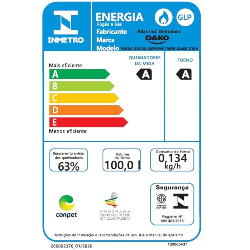 fogão 5 bocas dako supreme timer glass com painel touch gás 300001821