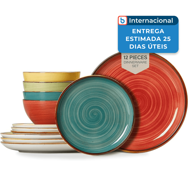 jogo de pratos e tigelas 12 peças onemore cerâmica multicor a-mbi