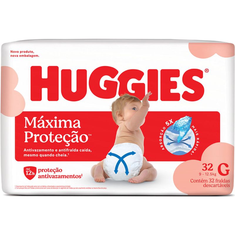 fralda huggies descartável máxima proteção tamanho g 32 unidades