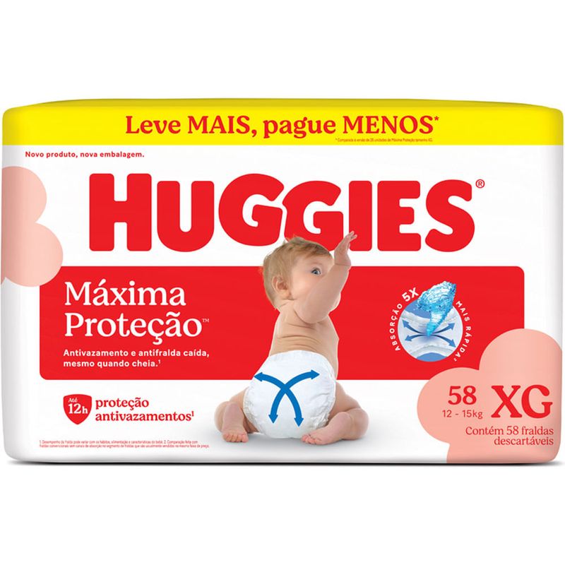 fralda huggies descartável máxima proteção tamanho xg 58 unidades